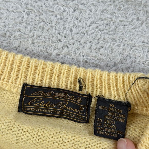 Eddie Bauer Sweater Mens XL Yellow 100% Shetland Wool Knit Crewneck Pullover - Picture 3 of 7